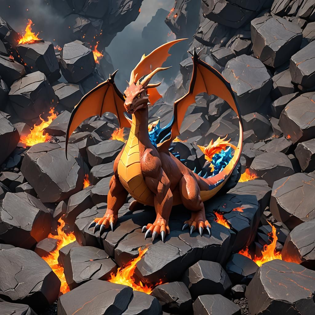 Female Charizard on Molten Rock in 3D Anime Art
