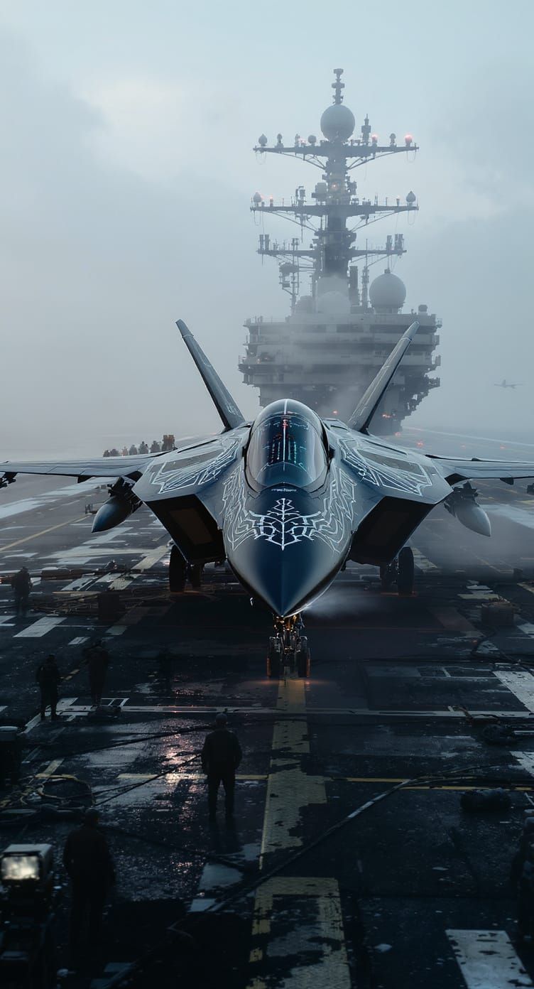 Mythpunk Jet Fighter on Fog-Shrouded Aircraft Carrier