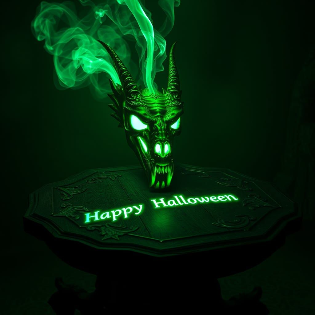 Eerie Emerald Dragon Skull Halloween Scene