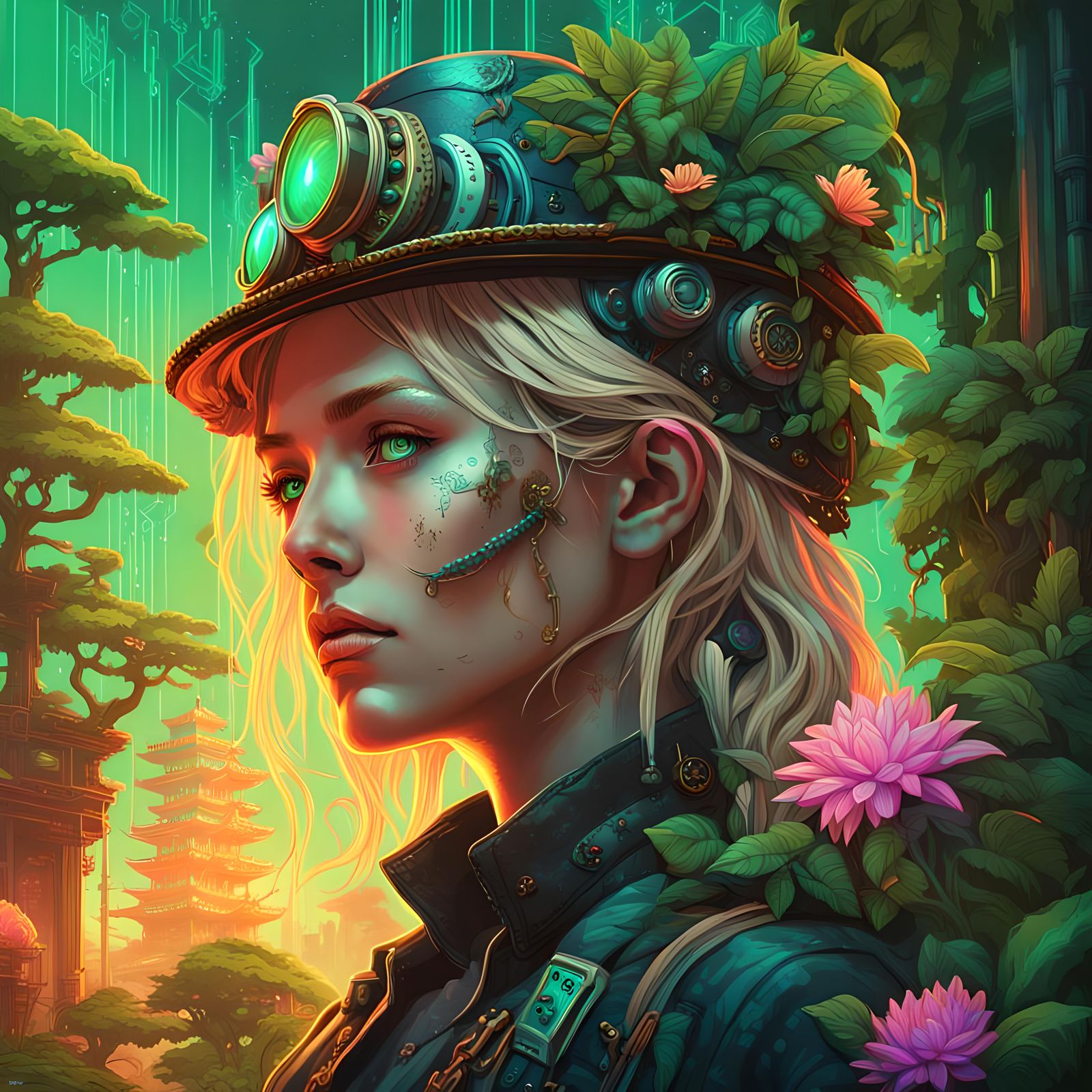 Steampunk Woman in Neon Japanese Temple