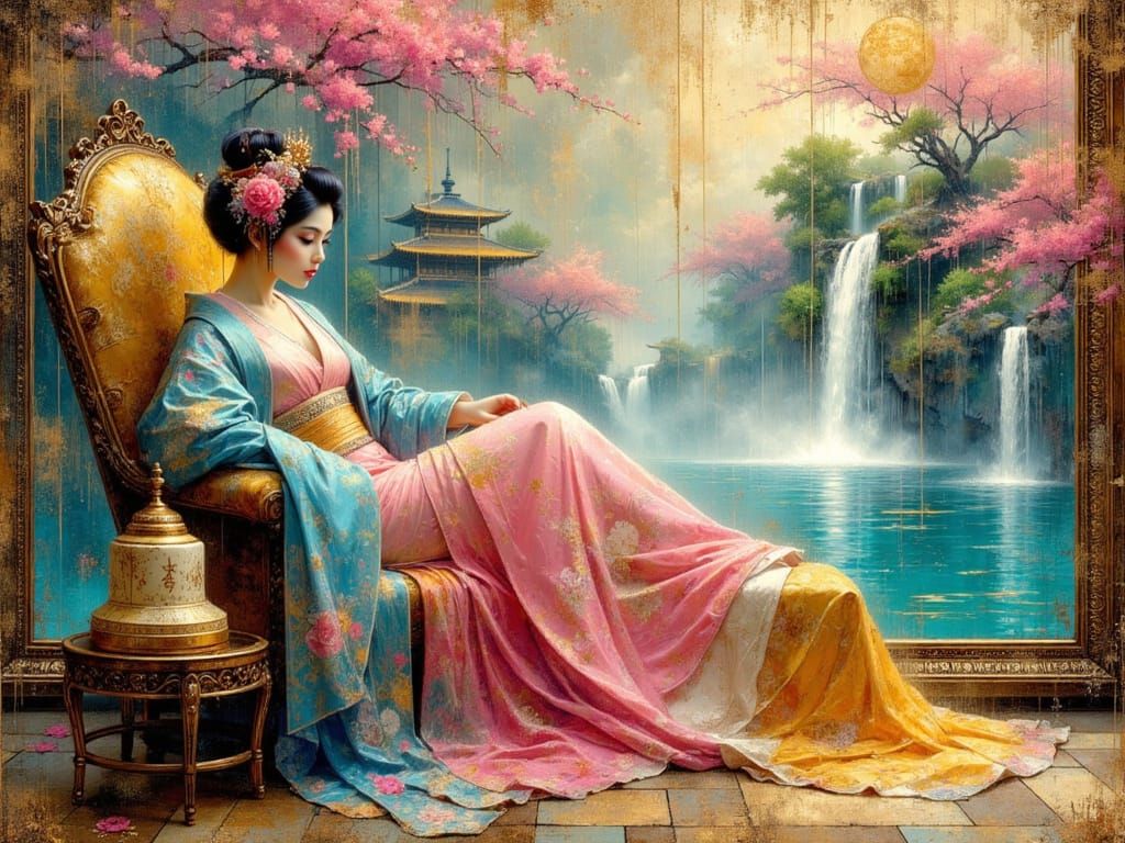 Geisha Gazing at Waterfall in Ornate Digital Art