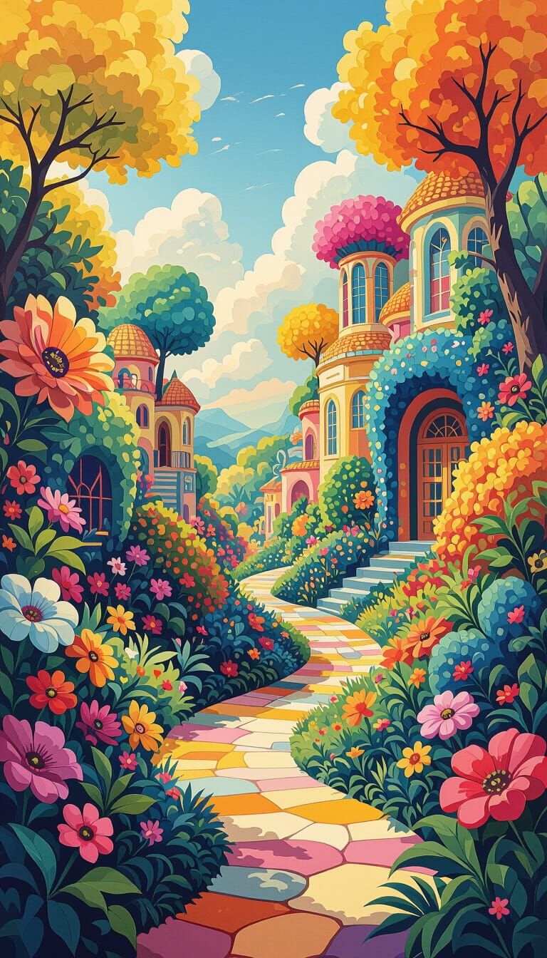 Psychedelic Garden with Impossible Architecture as Gouache P...