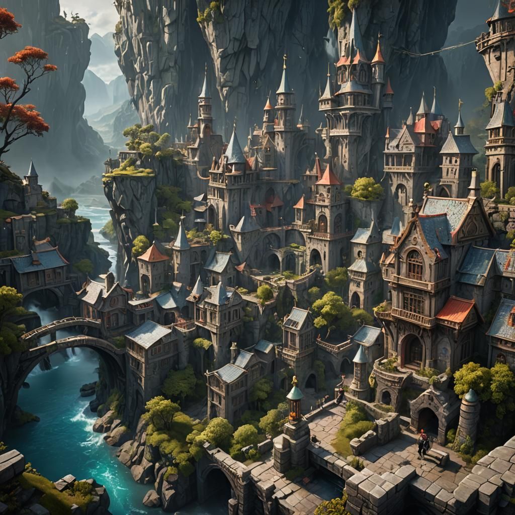 Fantastical Mountain Village in Detailed Matte Painting