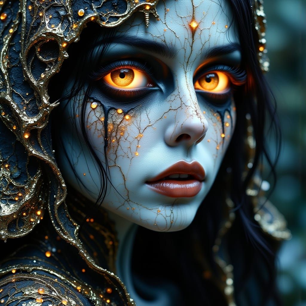 Gothic Portrait of Woman with Glowing Eyes and Cracked Skin