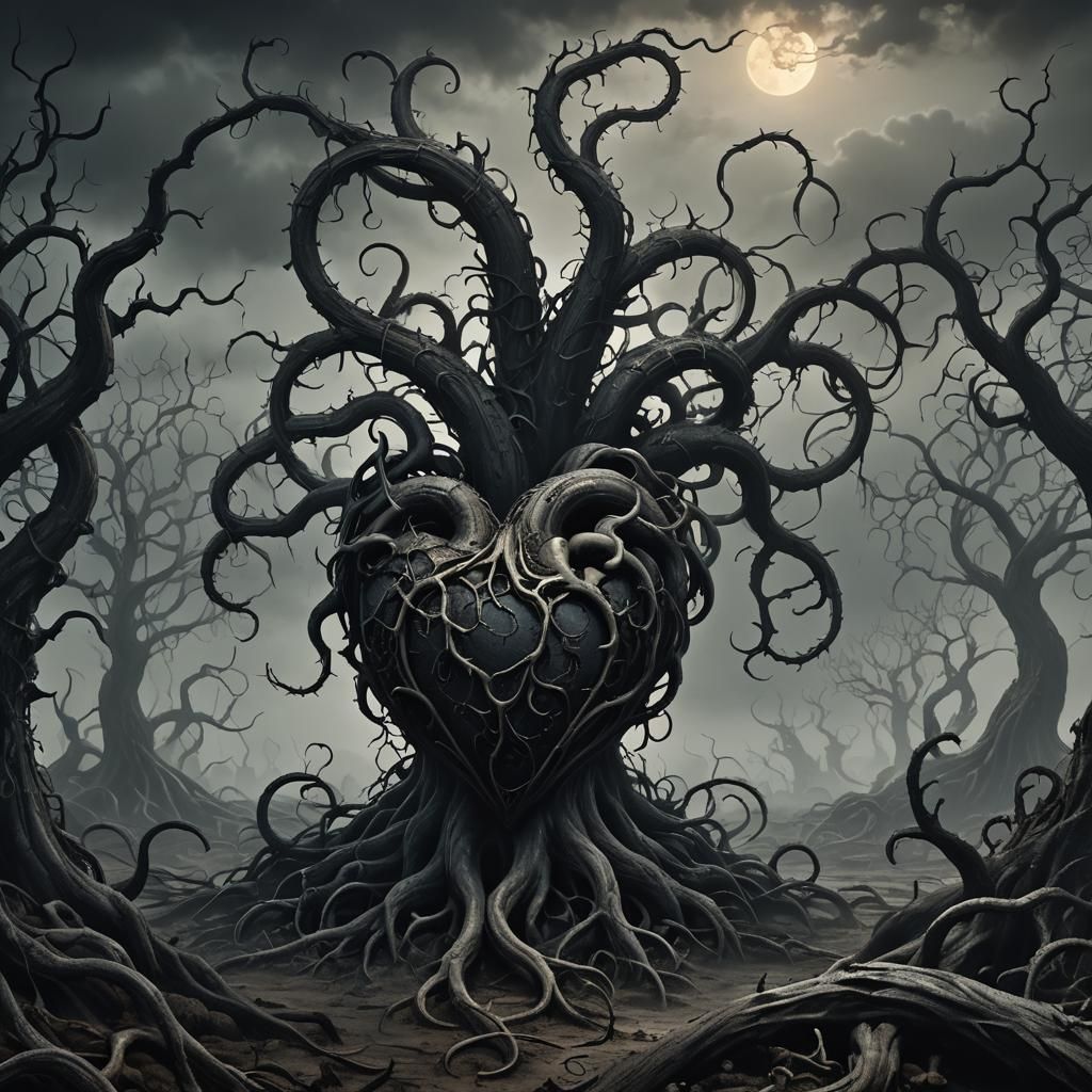 Tormented Heart Ravaged in Dark Fantasy Landscape