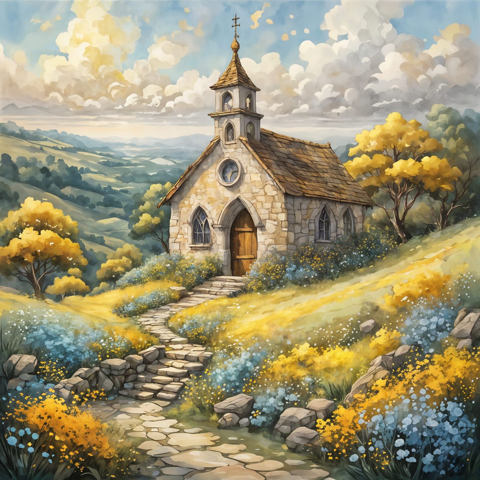 Enchanting Chapel on Sunlit Hill in Storybook Style
