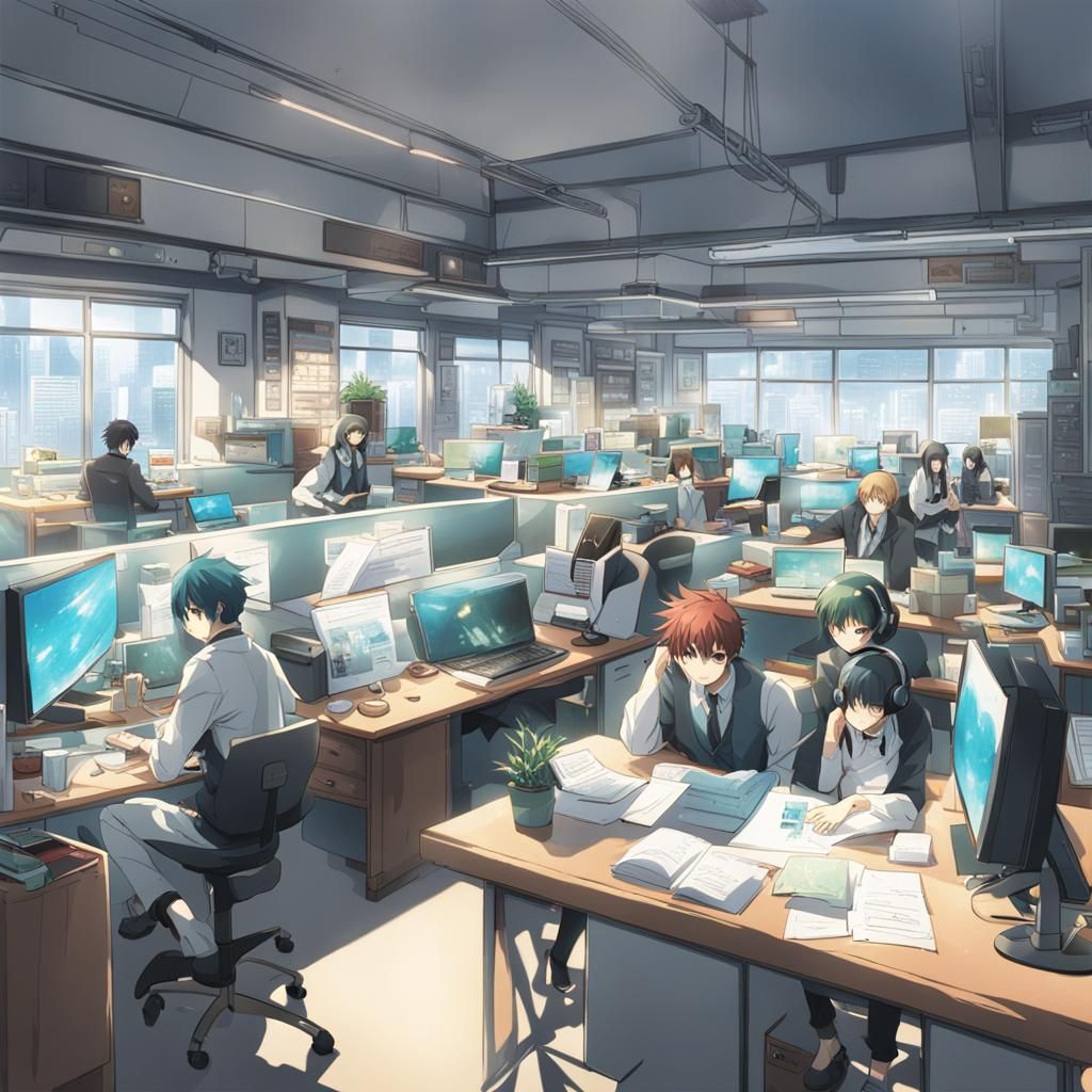 Anime Style Office Scene with Working People