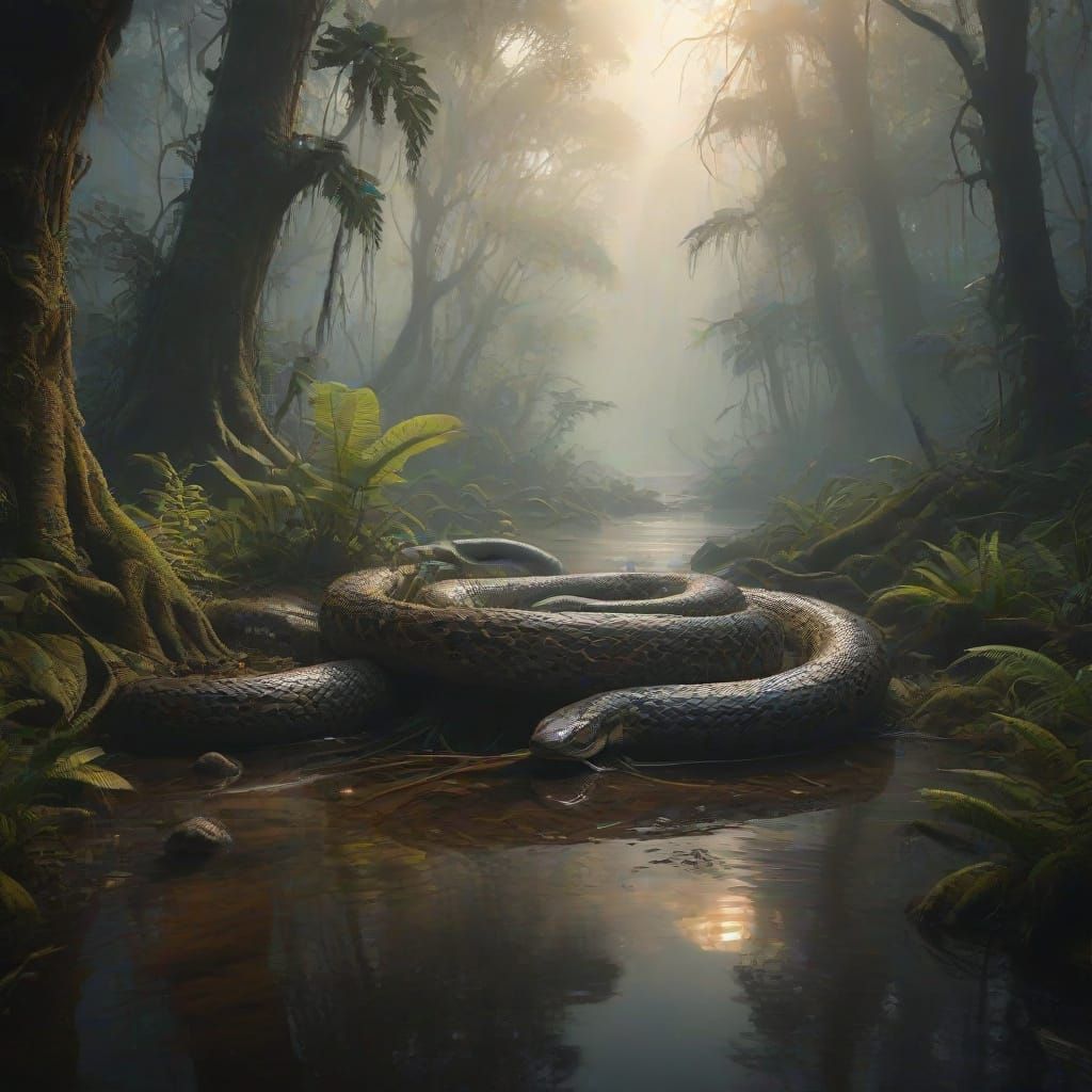 Anaconda Resting in Misty Rainforest: Oil Painting