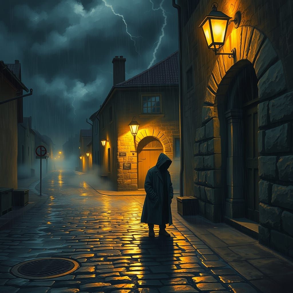 Rainy Midnight in Ancient Town: Polychromatic Gouache Painti...