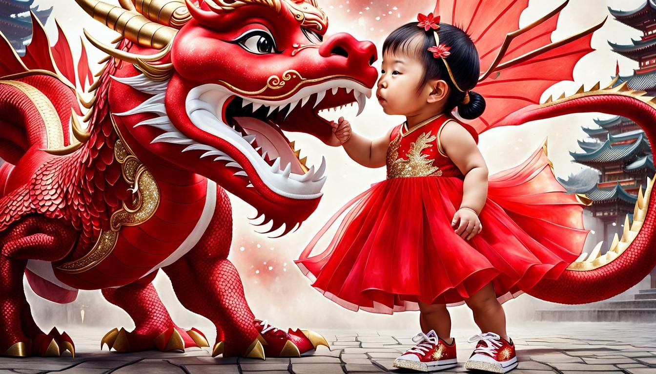 Asian Girl and Dragon Celebrate Lunar New Year