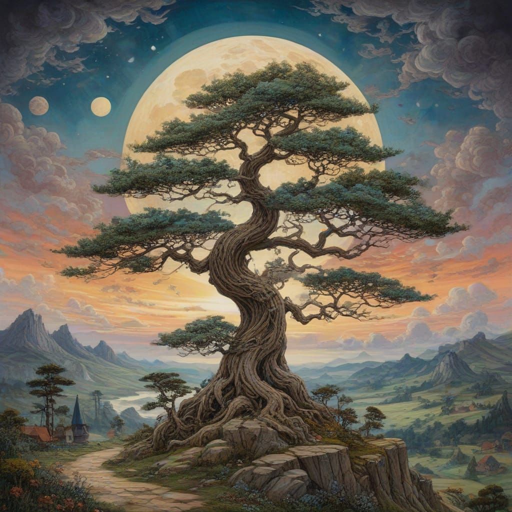 Whimsical Neo-Impressionist Landscape with Bonsai and Swirli...
