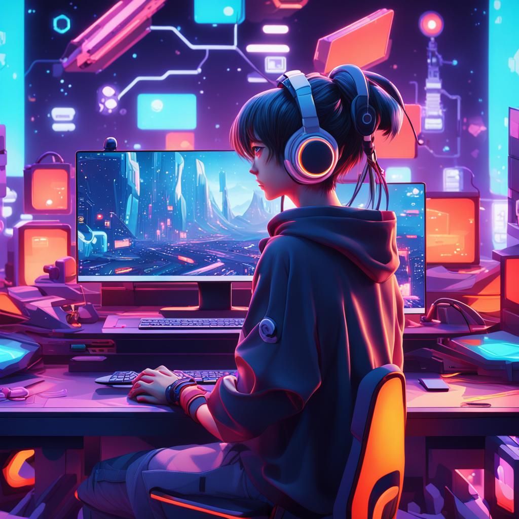 Anime Influencer Immersed in a Neon Cyber World