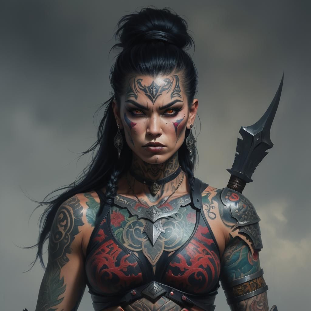 Tattooed Woman Warrior in Sinister Fantasy Landscape