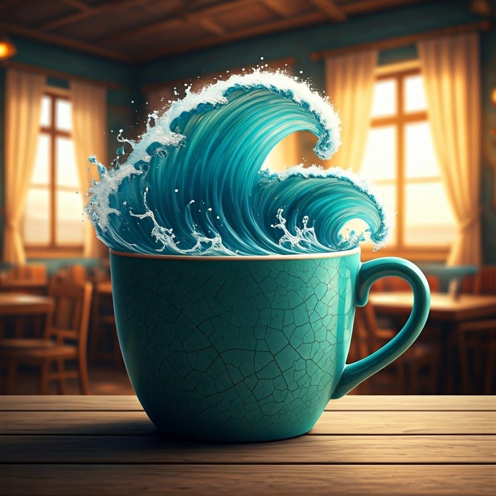Ocean Waves Overflowing in Ceramic Cup, Hyperrealistic