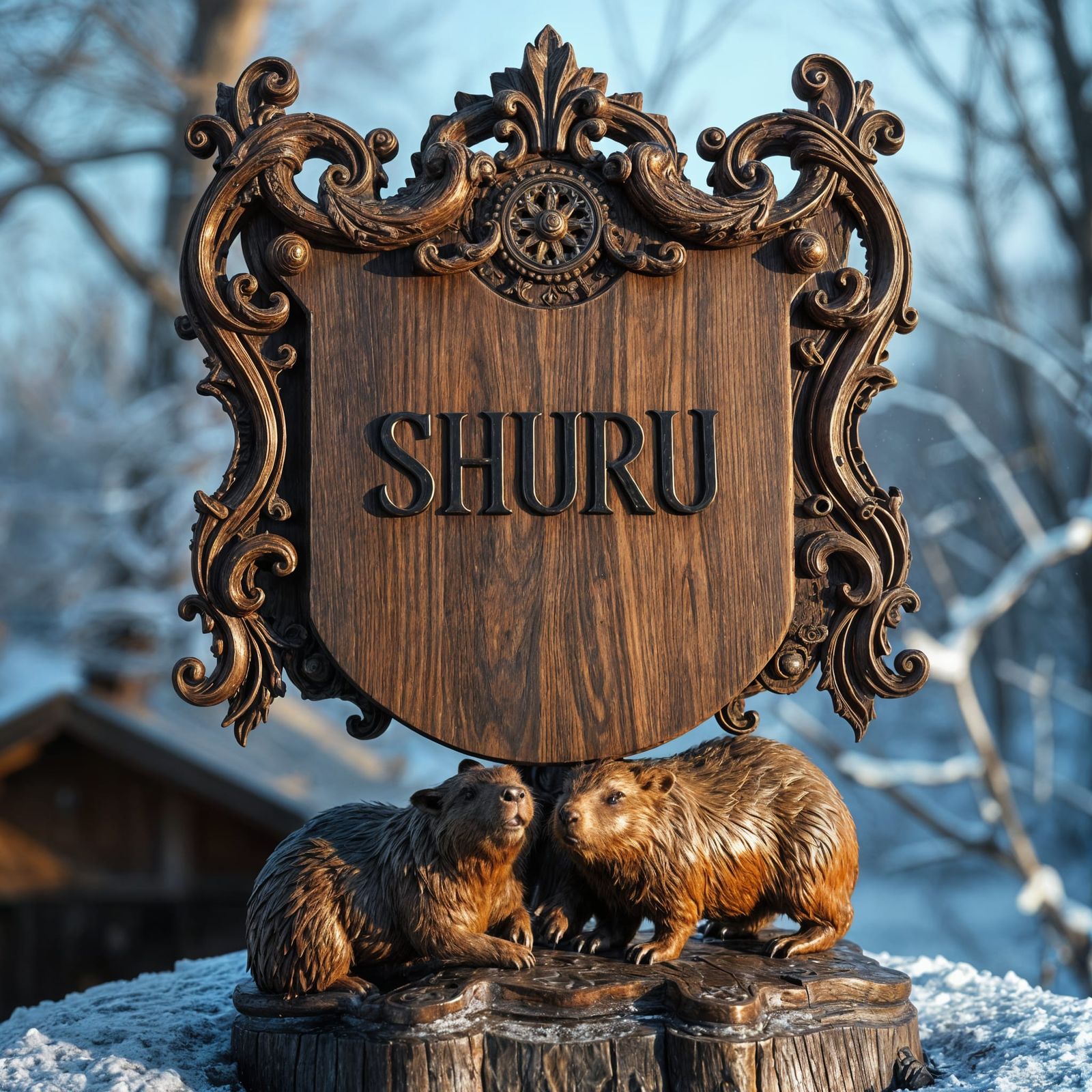 Ornate Wooden Heraldic Crest with Steampunk Elements