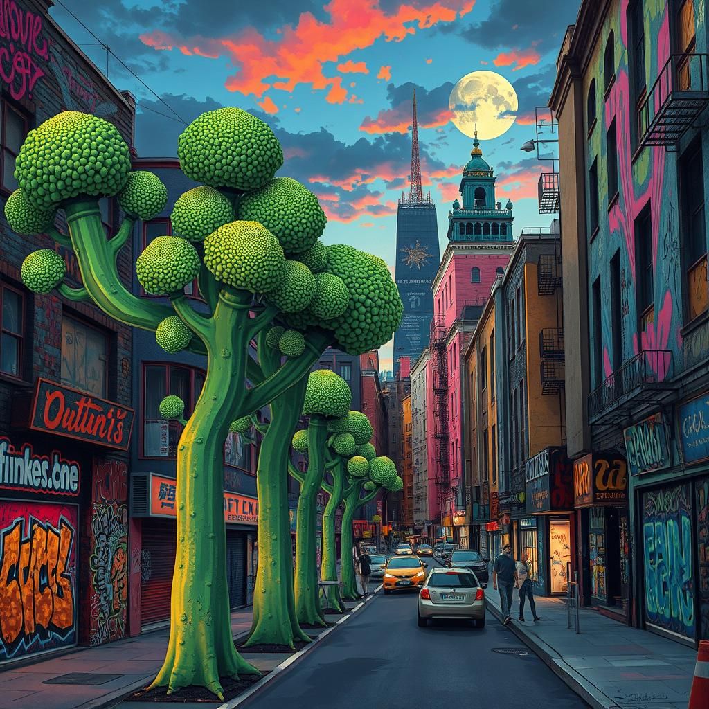 Whimsical City Street with Broccoli Trees