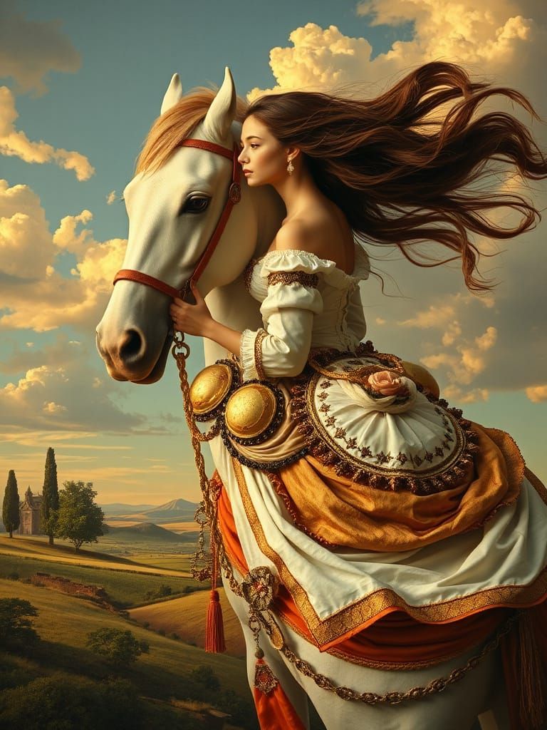 Woman Riding Horse in Surreal Landscape in Mannerism Style