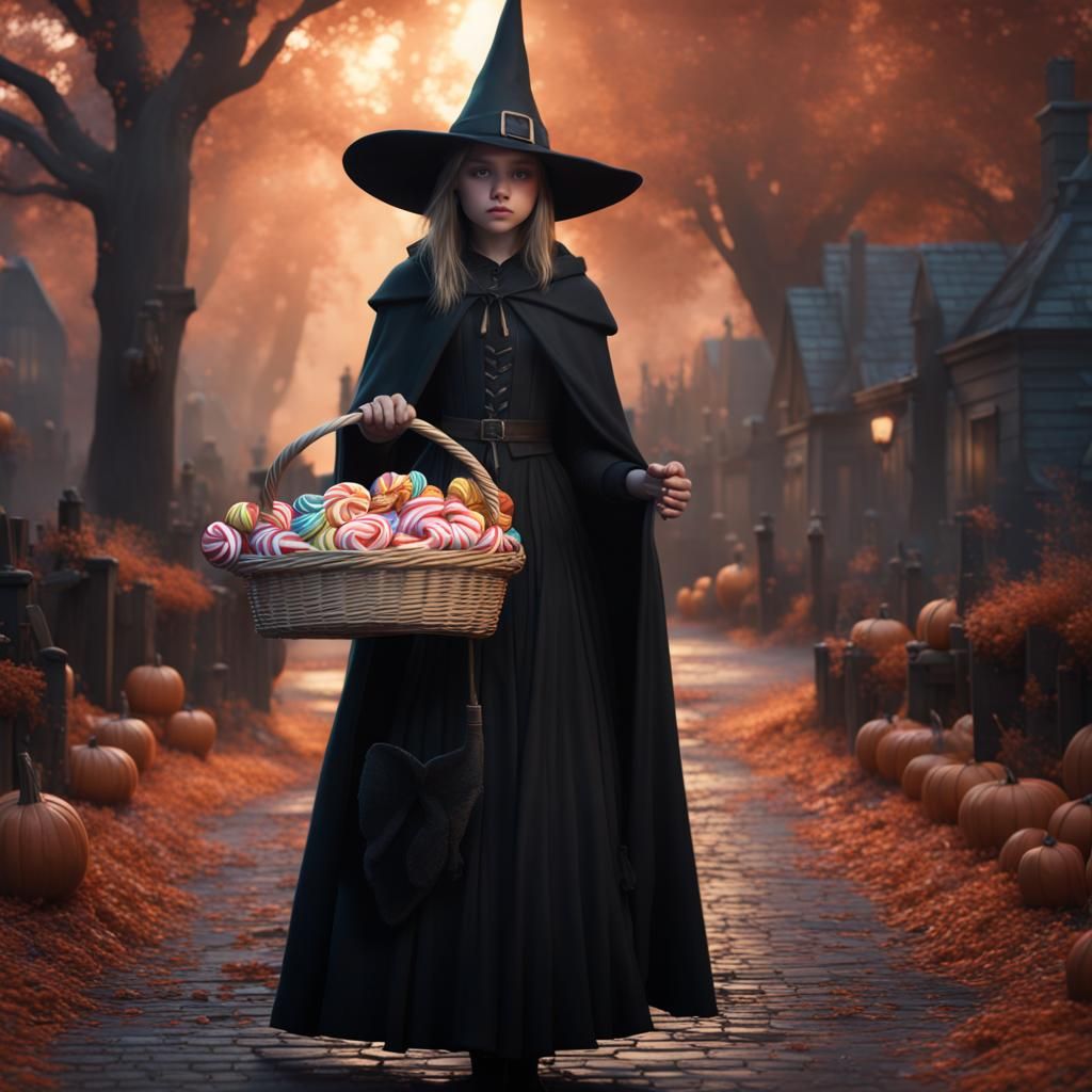 Girl in Witch Costume with Candy Basket