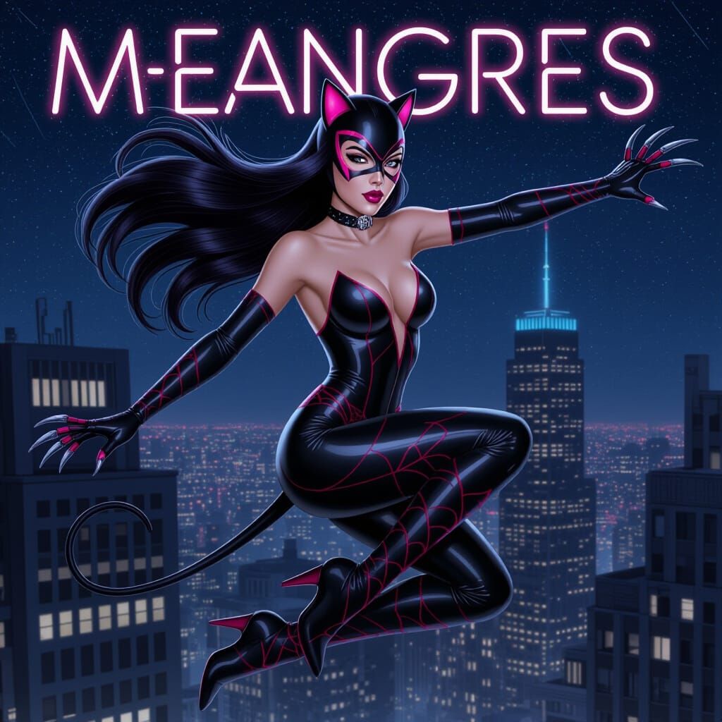 Spider-Catwoman Leaping from Skyscraper in Neon City