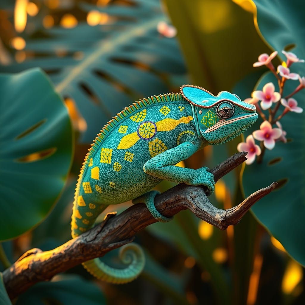Realistic Tropical Chameleon Perched on Gnarled Branch