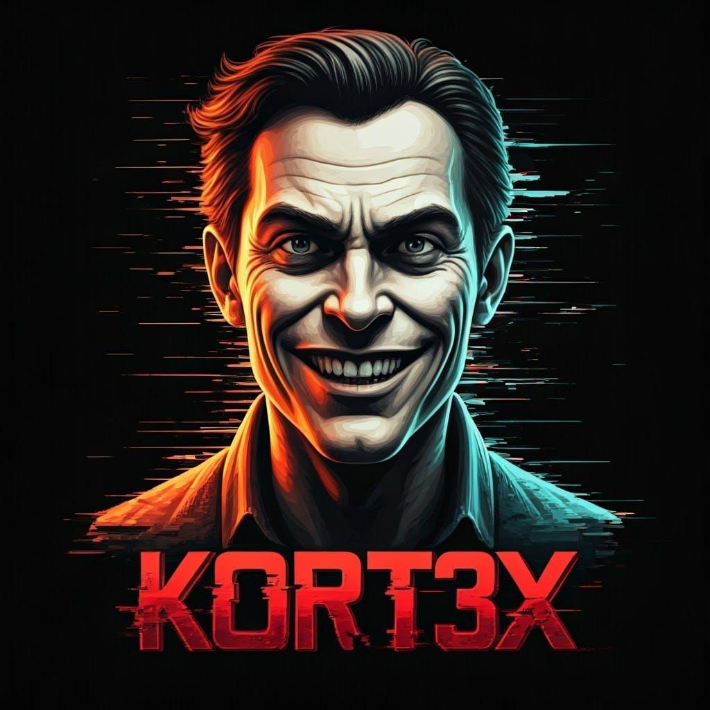 Distressed Glitch-Art Portrait of a Man with a Menacing Grin