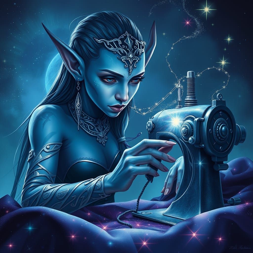 Blue Elf Sewing Cosmic Quilt with Magical Machine
