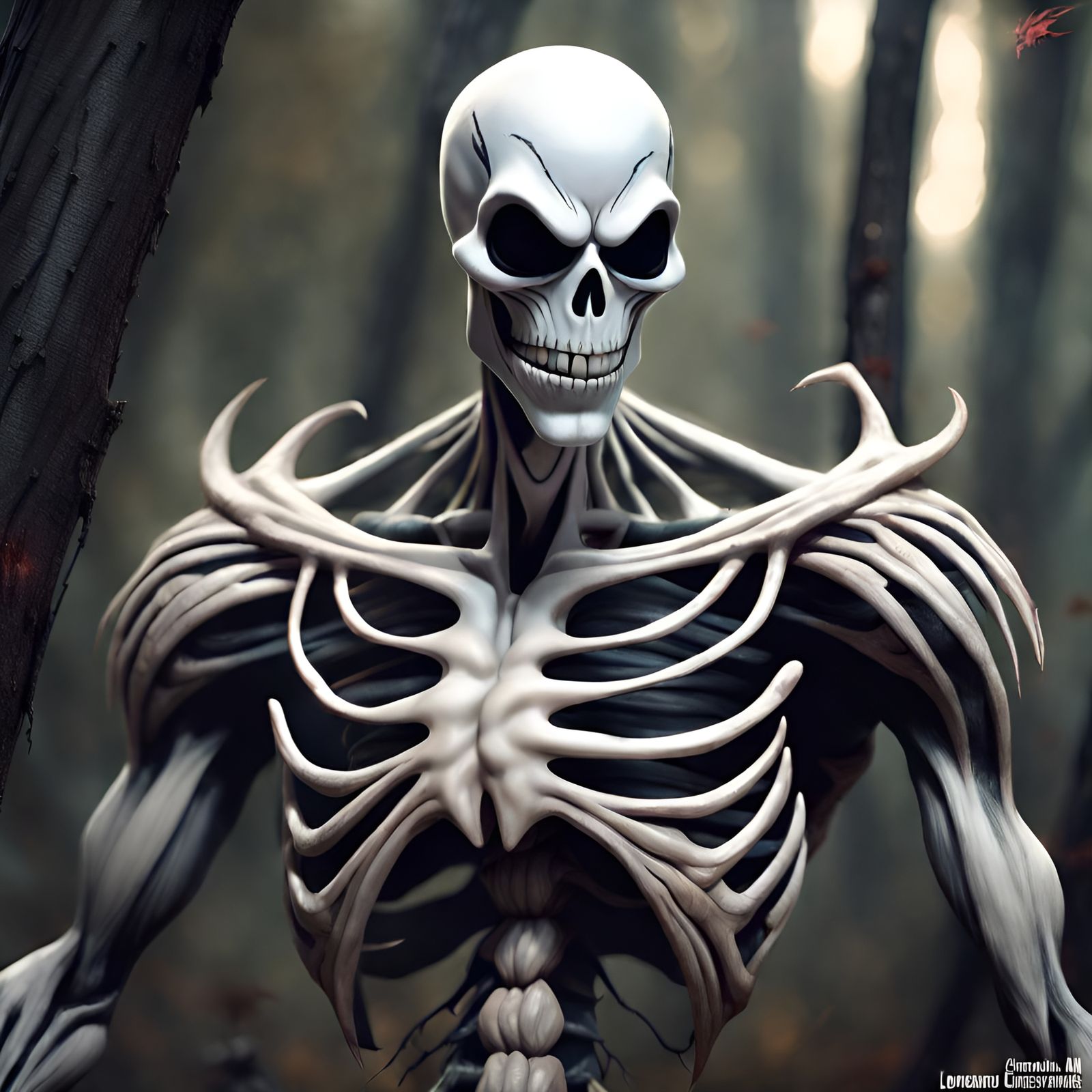 Muscular Jack Skellington Flexing in Smoky Forest