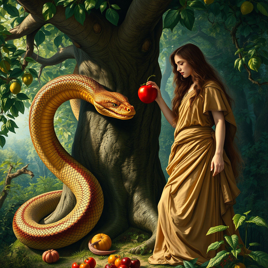 Eve Tempted by Serpent in Baroque Garden of Eden