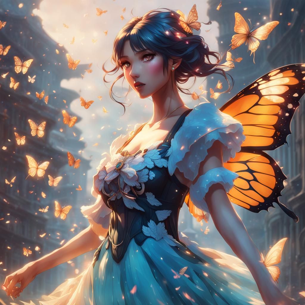 Anime Girl in Butterfly Dress Art