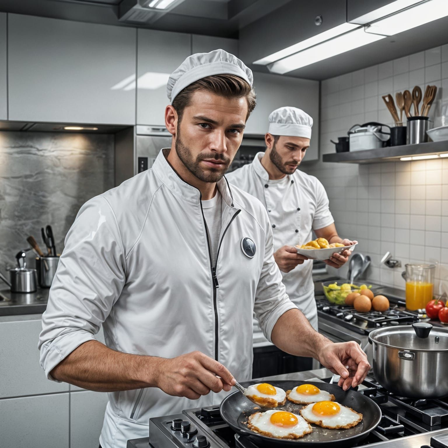 Handsome Men Cooking an Egg in Futuristic Kitchen