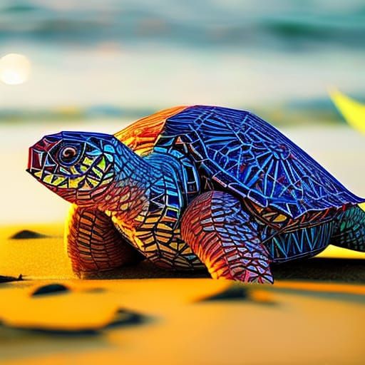 Beautiful cinematic hyperdetailed origami magic giant turtle...
