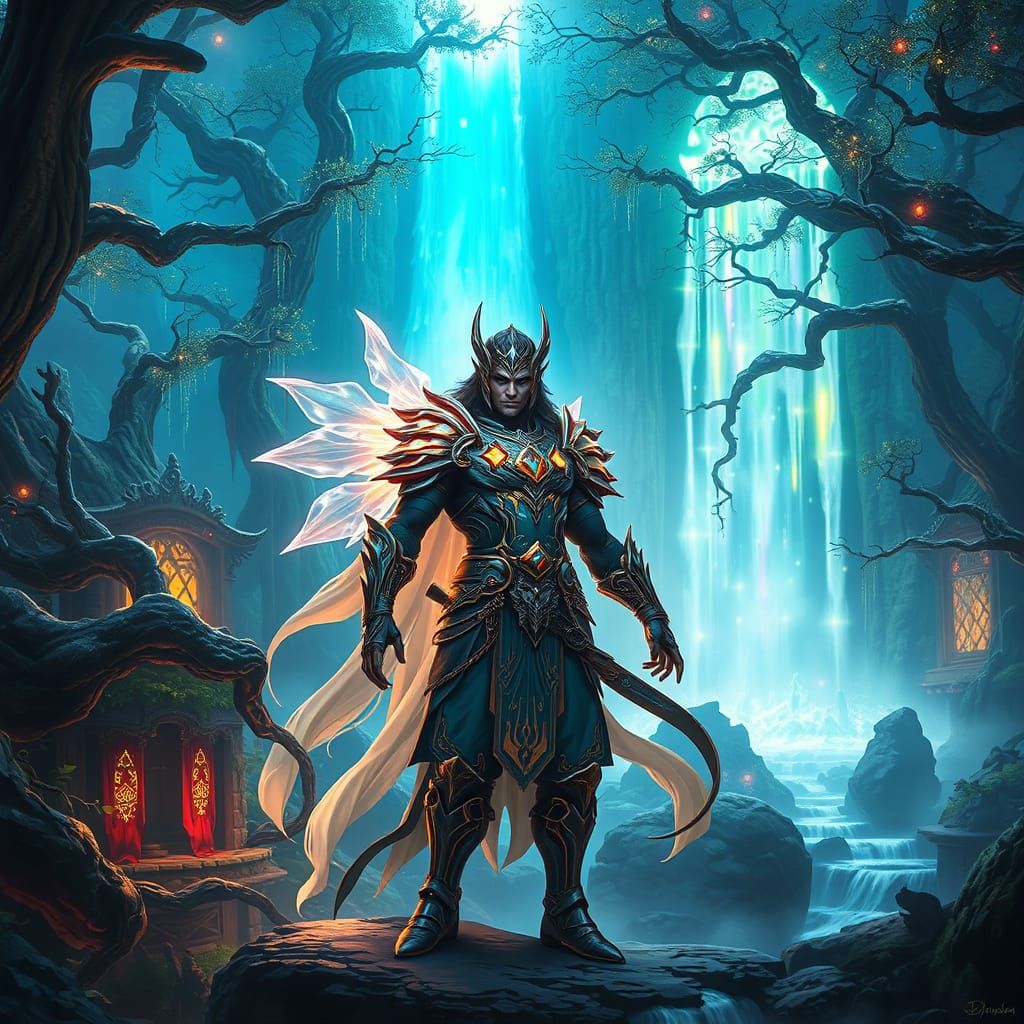 Ethereal Warrior in Luminous Armor Amidst Ancient Forest
