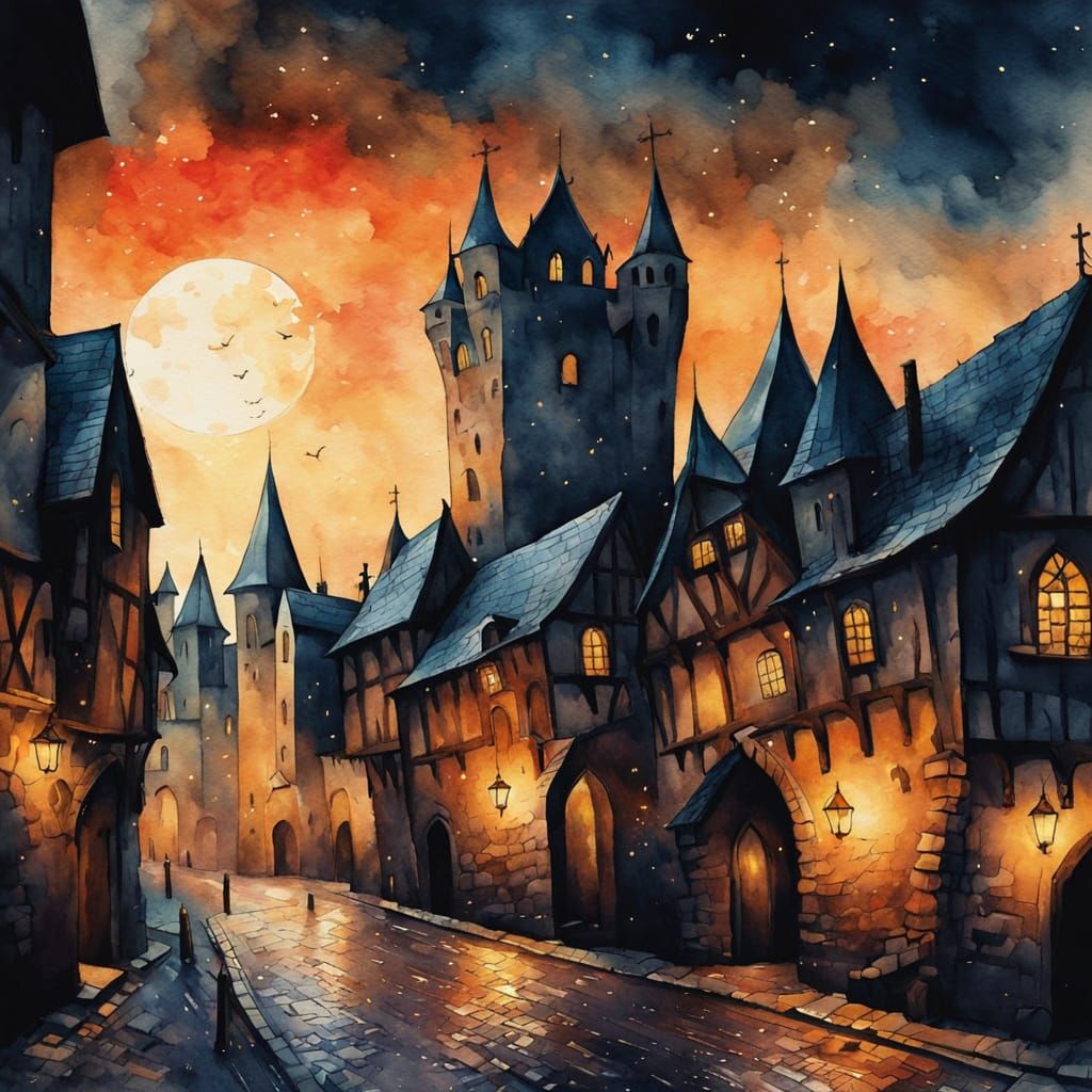 Midnight Medieval Metropolis in Vibrant Watercolor Hues