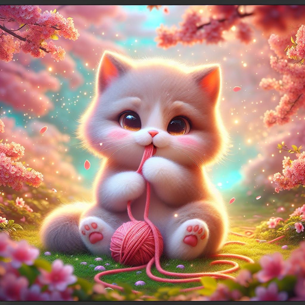 Adorable Kitten in Cherry Blossom Forest: 3D CGI Art