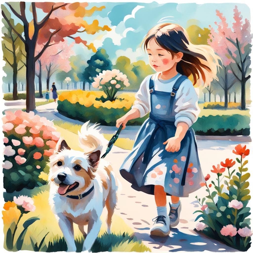 Girl and Dog in Cozy Park, Gouache Style