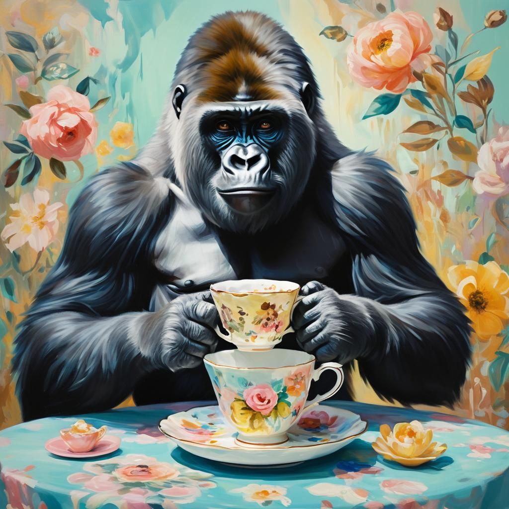 Gorilla in Dress Holding Teacup: Surreal Oil Painting