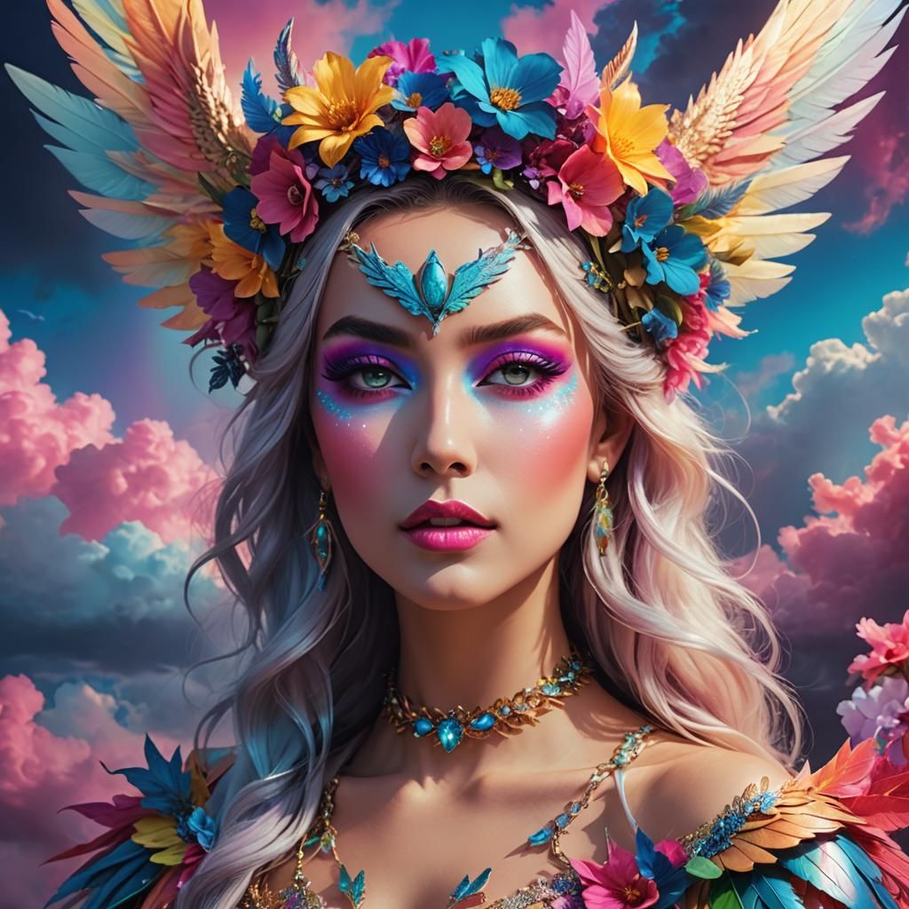 Rainbow Dragon Woman with Wings in Synthwave Style