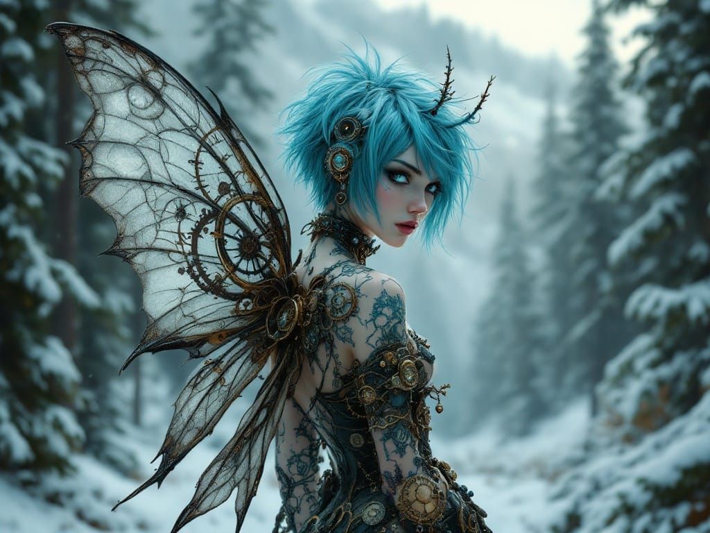 Steampunk Fairy Portrait in Snow-Covered Forest