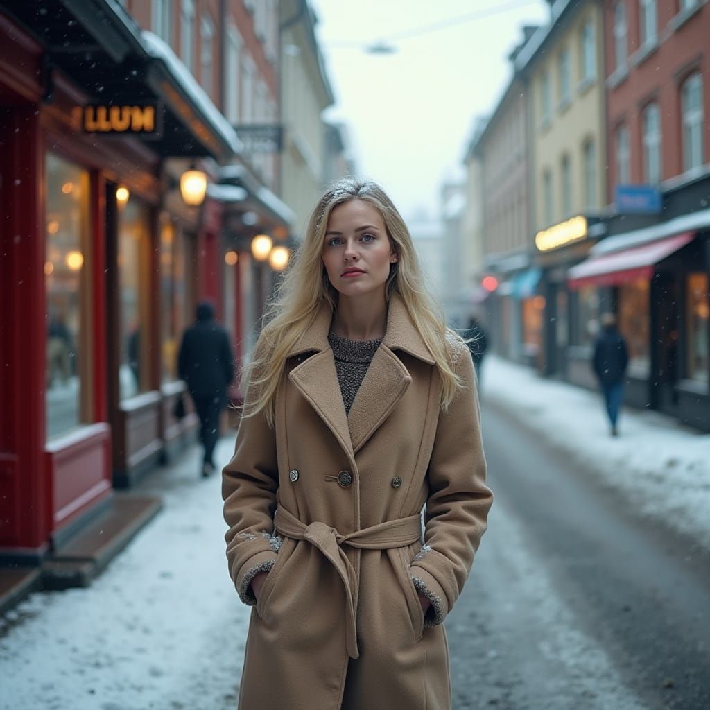 Woman Walking on Snowy Norwegian Street in Photojournalism S...