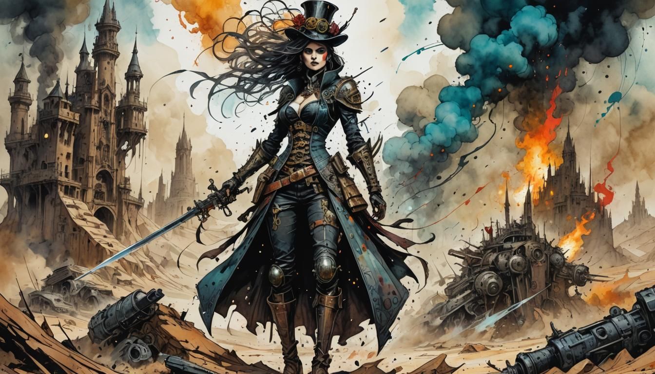 A giant gothic steampunk Battle-woman armed with bio-magical energy