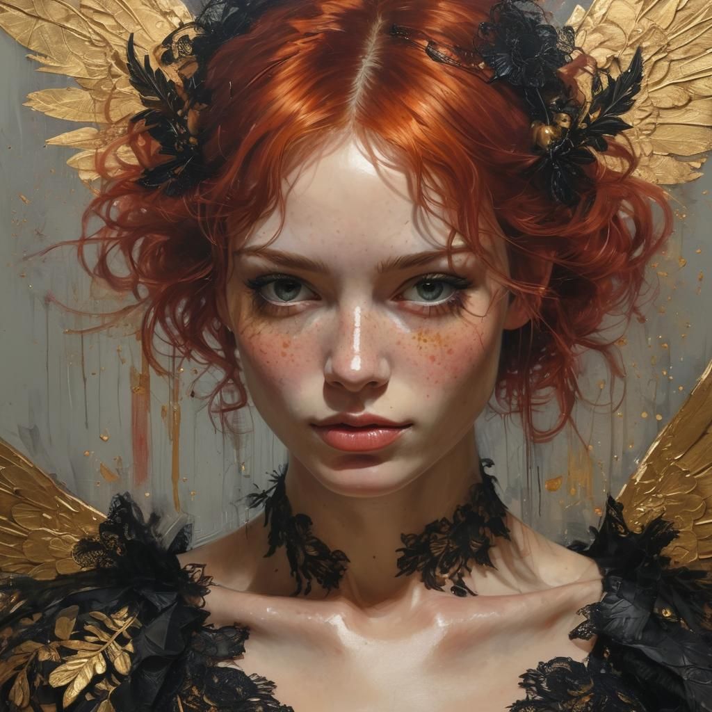 Red Haired Angel: Oil Painting with Gold Accents