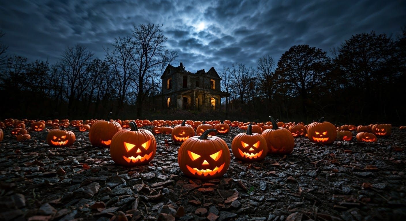 Halloween Pumpkins with Haunted House in Dark Forest