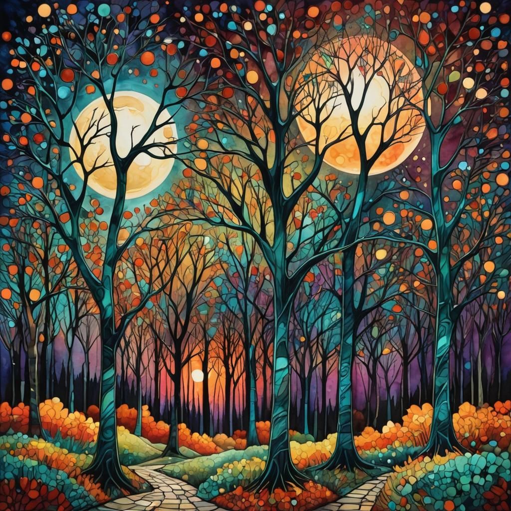 Moonlit Arabesque Forest in Impasto Autumn Hues