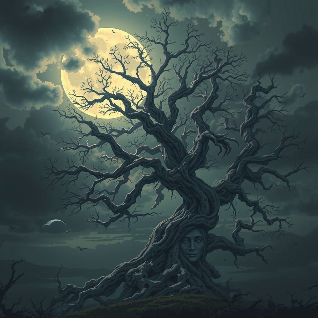 Majestic Oak Tree Awakens Under Dark Moonlit Skies