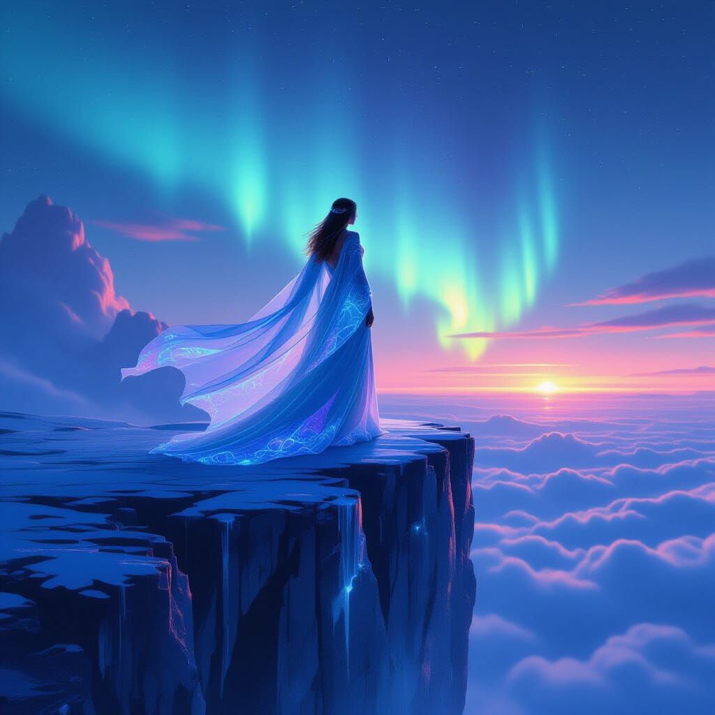 Ethereal Goddess on Crystalline Cliff at Twilight