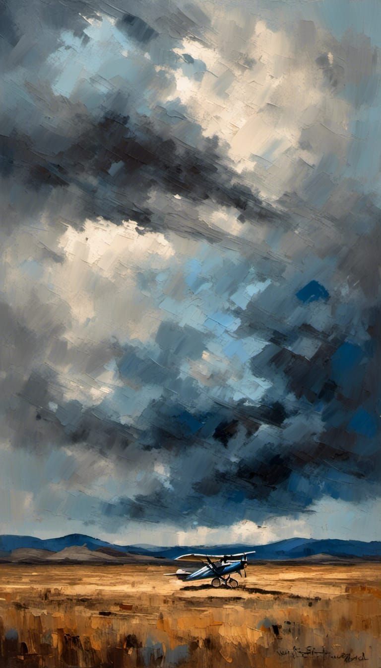 Dramatic Western Landscape with Plane as Impasto Painting