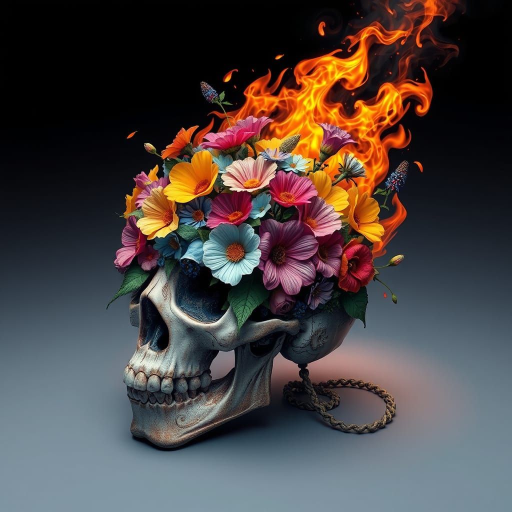 Floral Skull Engulfed in Earth-Shaped Flame