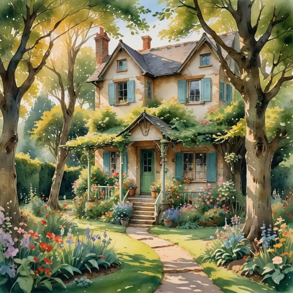 Idyllic Watercolor House with Children Playing