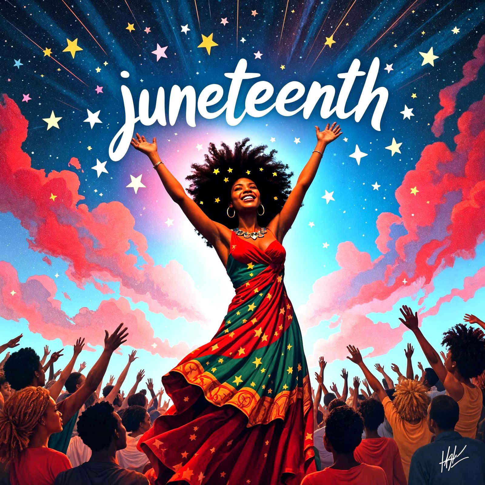 Juneteenth Celebration with Starry Afro in Vibrant Colors