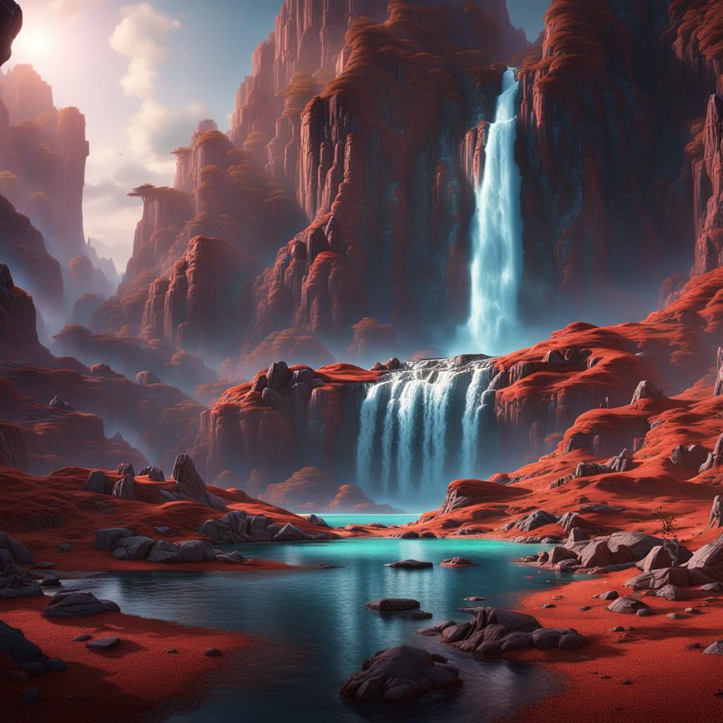 Fantastical Waterfall Landscape on Alien Planet
